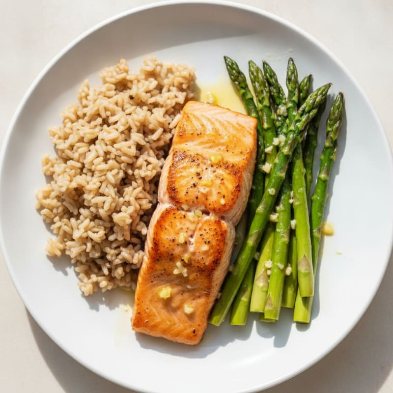 Seared Salmon with Lemon-Garlic Asparagus and Brown Rice