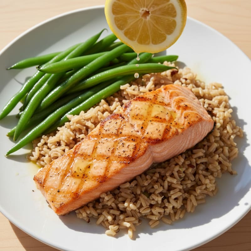 Seared Salmon Fillet with Steamed Green Beans and Brown Rice