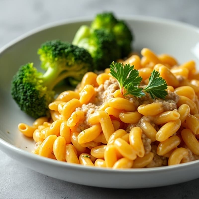 Lean Ground Turkey and Whole Wheat Pasta Bake with Creamy Cheese Sauce and Roasted Broccoli