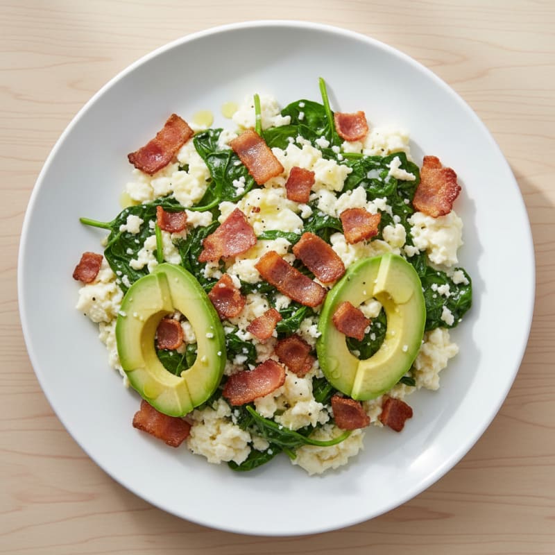 Crispy Turkey Bacon Egg White Scramble with Spinach
