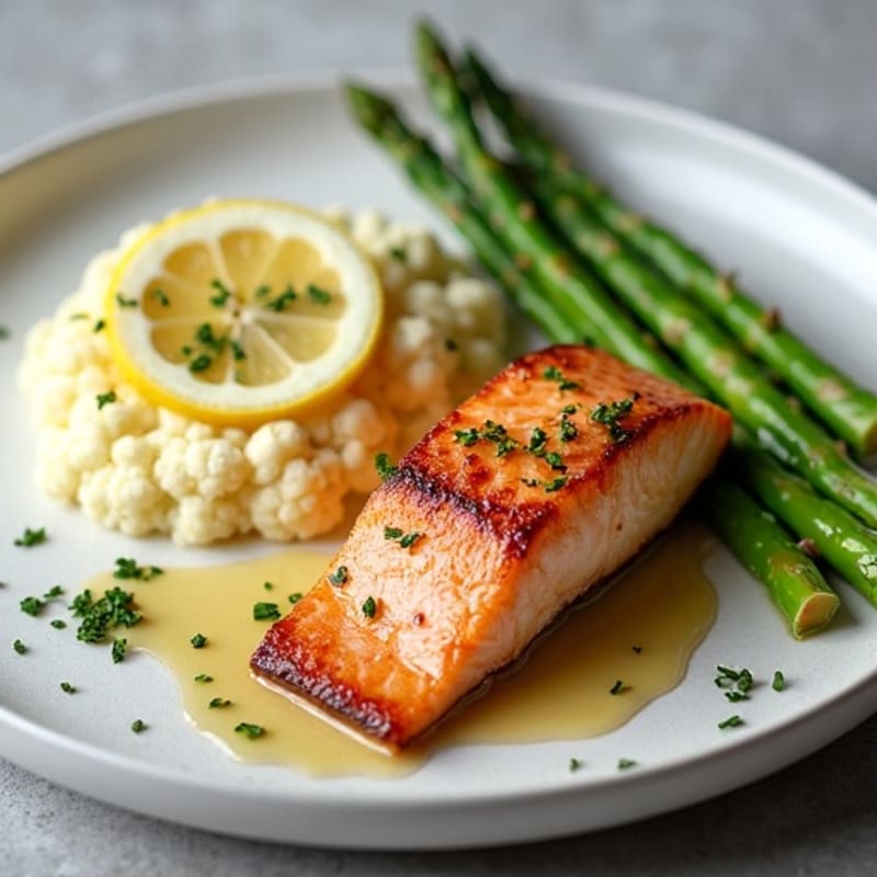 Seared Salmon with Roasted Asparagus and Cauliflower Mash