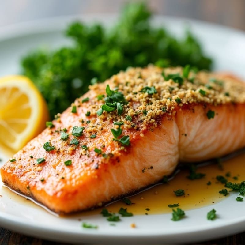 Herb-Crusted Pan Seared Salmon with Lemon Garlic Sauce