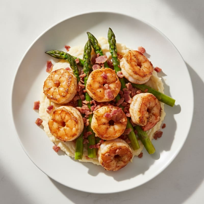 Seared Shrimp with Garlic Asparagus and Cauliflower Mash