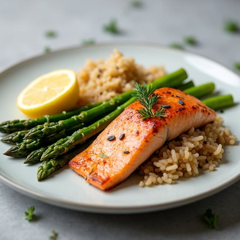 Seared Salmon with Steamed Asparagus and Brown Rice