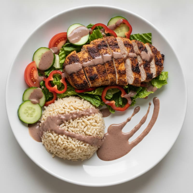 Romaine Veggie Salad with Grilled Chicken, Brown Rice, Soy Milk and Cacao
