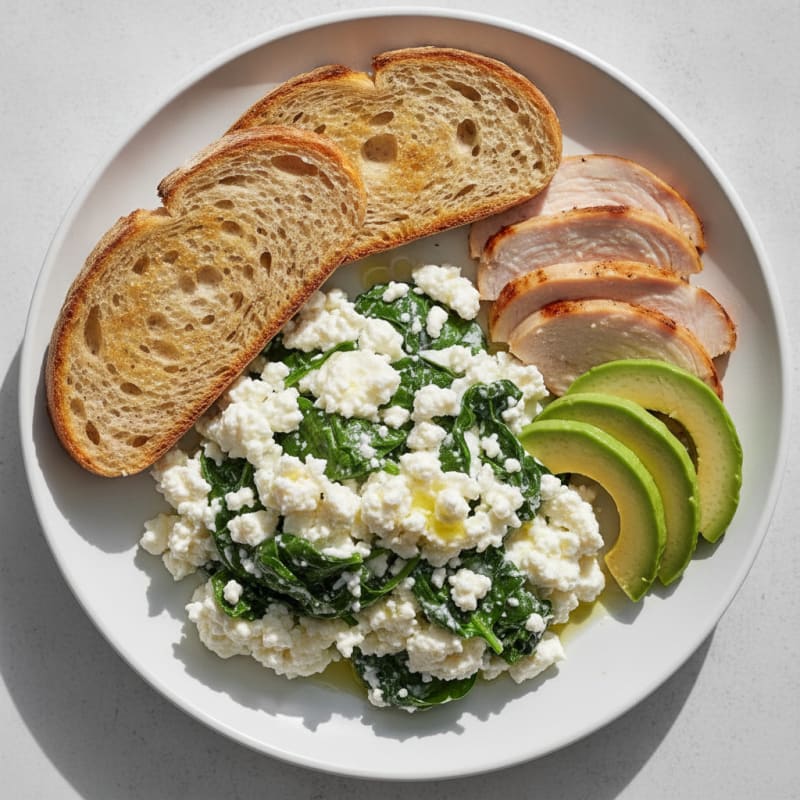 Egg White and Spinach Scramble with Cottage Cheese and Sliced Turkey