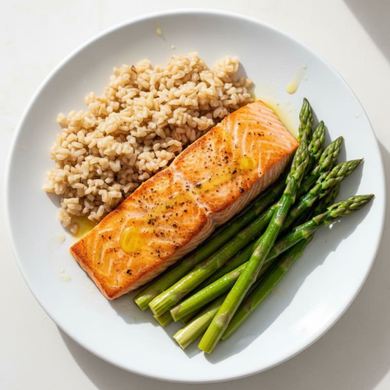 Seared Salmon with Steamed Asparagus and Brown Rice