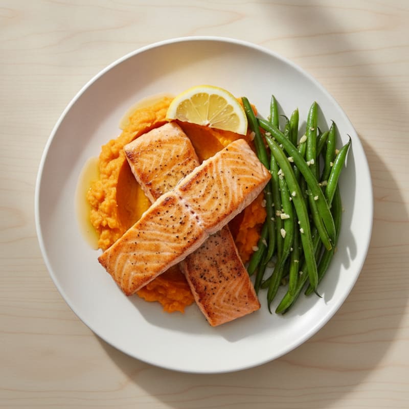 Seared Salmon with Garlic Green Beans and Sweet Potato Mash