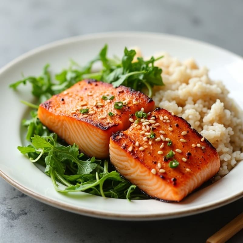 Crispy Salmon with Fresh Greens and Ginger-Sesame Rice