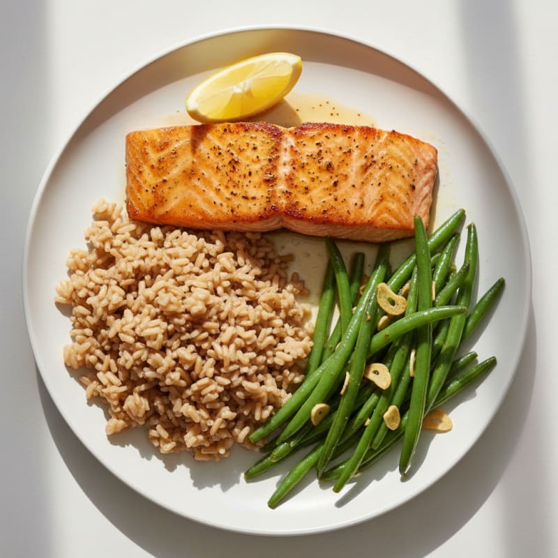 Seared Salmon Fillet with Garlic Green Beans and Brown Rice