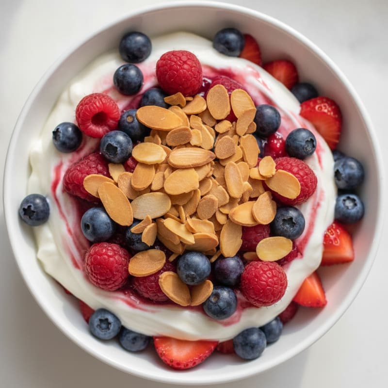 Greek Yogurt Protein Parfait with Mixed Berries and Almonds