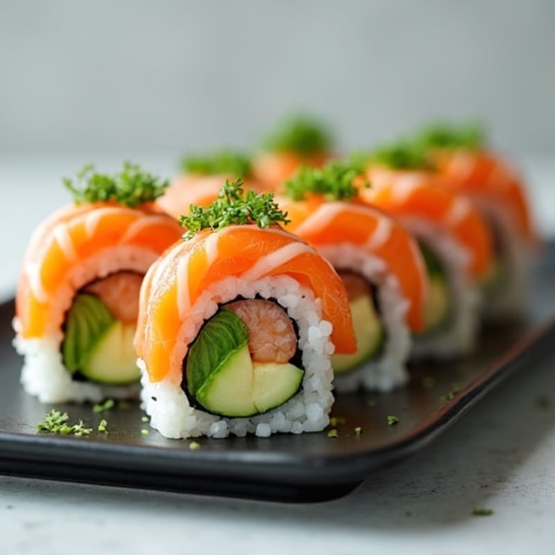 Fresh Salmon and Avocado Sushi Rolls with Crunchy Cucumber