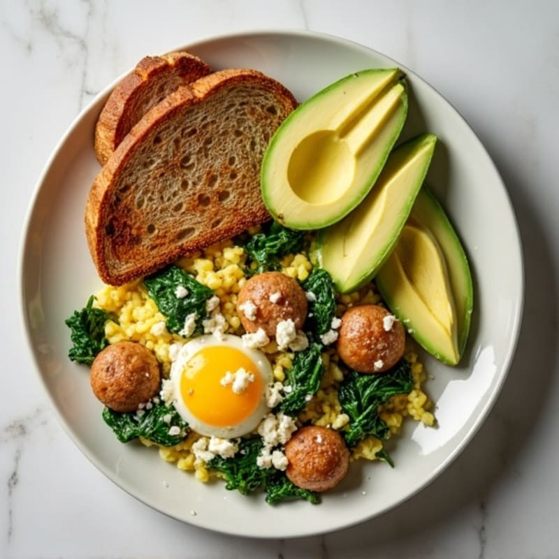 Egg White and Turkey Sausage Scramble with Spinach, Feta, Toast & Avocado