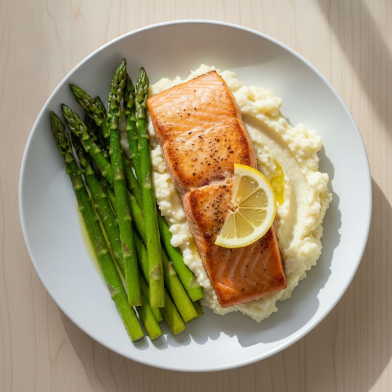 Seared Salmon Filet with Roasted Asparagus and Garlic Mashed Cauliflower