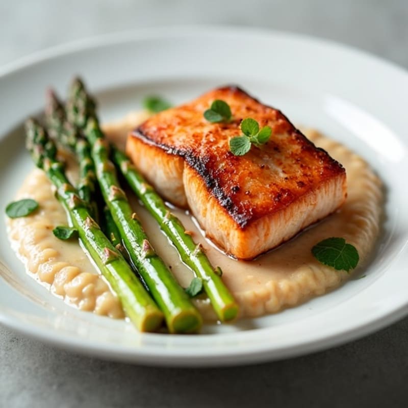 Seared Salmon Fillet with Asparagus and White Bean Mash