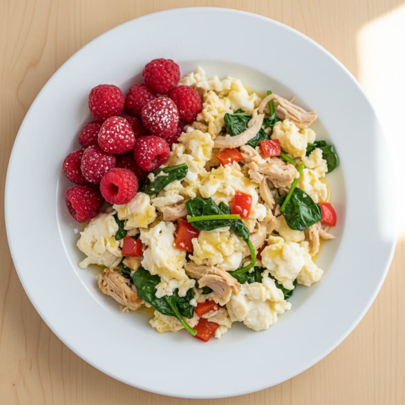 Egg White Veggie Scramble with Lean Turkey and Fresh Berries