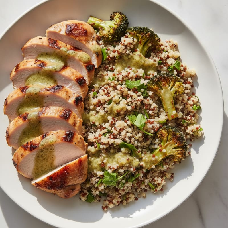 Grilled Turkey Breast and Quinoa Salad with Roasted Broccoli