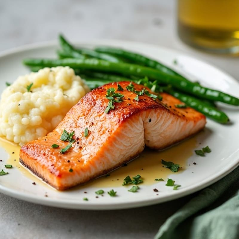 Seared Salmon with Garlic Green Beans and Cauliflower Mash