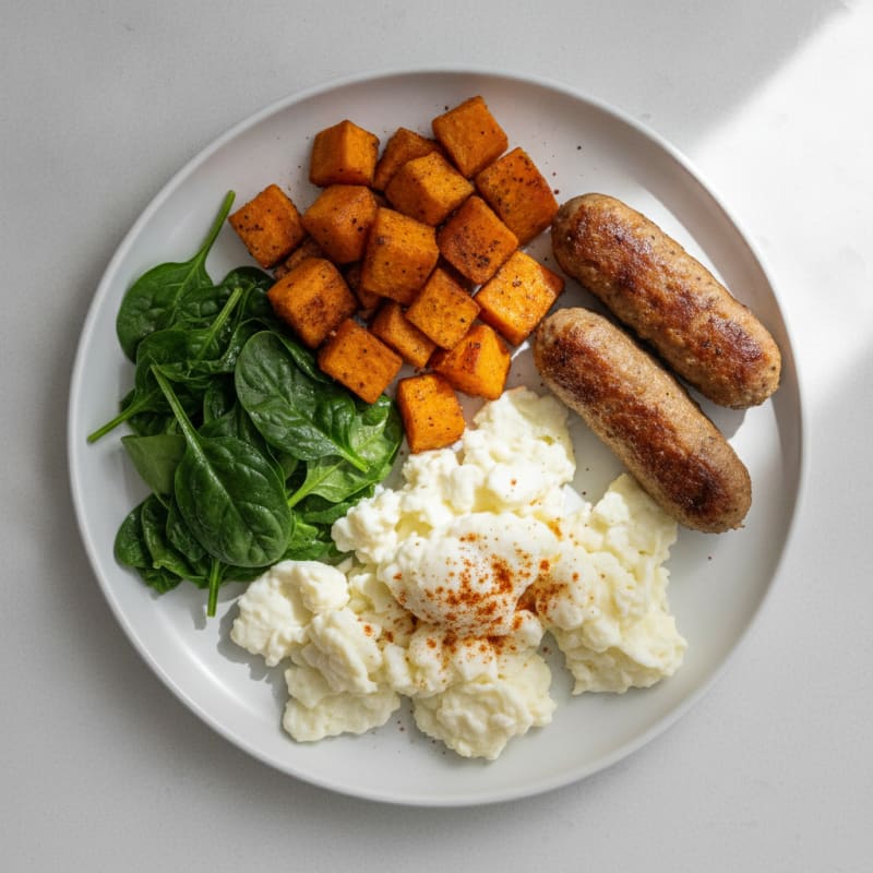 Egg White Scramble with Turkey Sausage and Roasted Sweet Potatoes