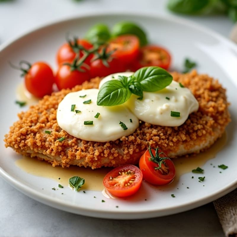 Crispy Chicken with Roasted Tomatoes, Melty Mozzarella, and Fresh Basil