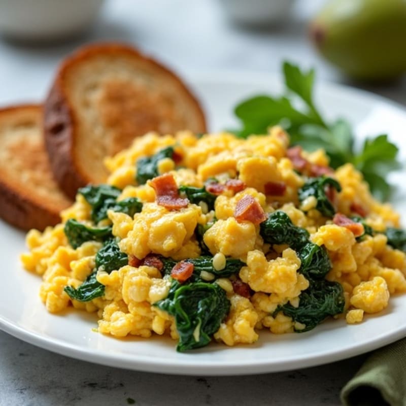 Cottage Cheese Egg Scramble with Spinach and Turkey Bacon