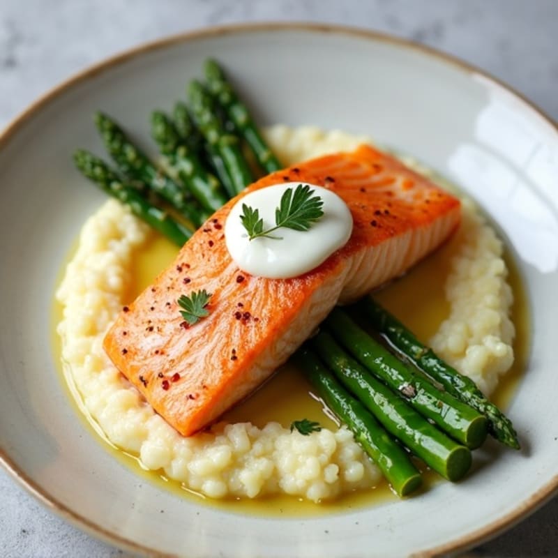 Seared Salmon with Steamed Asparagus and Cauliflower Mash