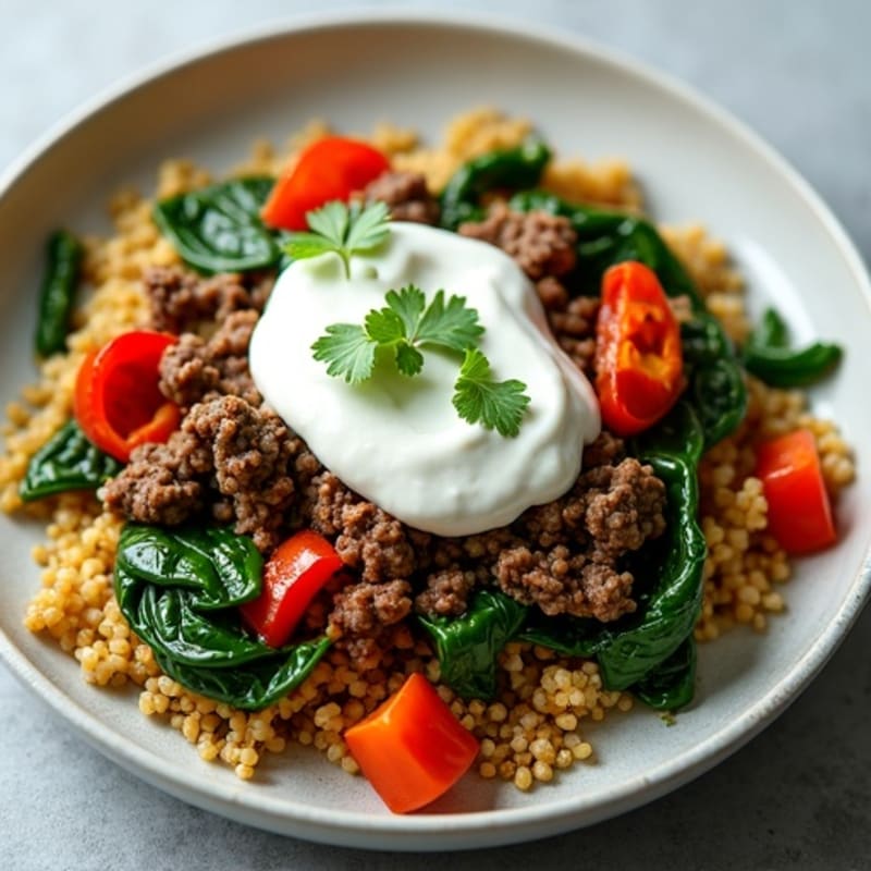 Savory Ground Beef and Quinoa Skillet with Spinach, Peppers, and Creamy Cilantro Yogurt