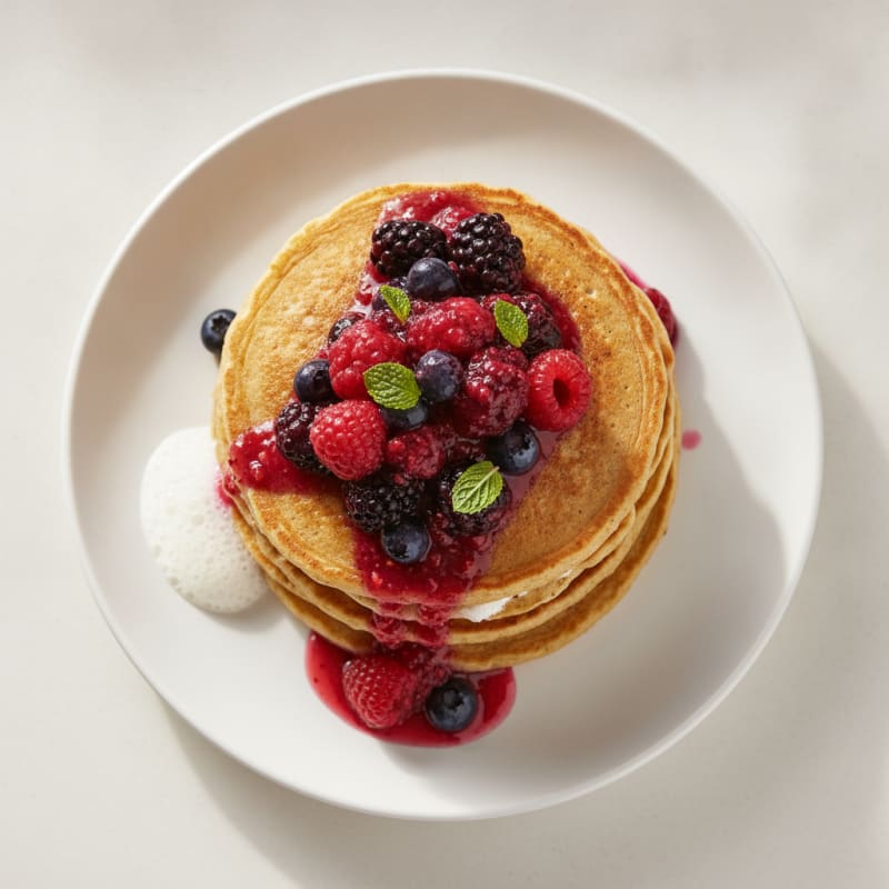 Fluffy Buttermilk-Style Protein Pancakes with Berry Compote