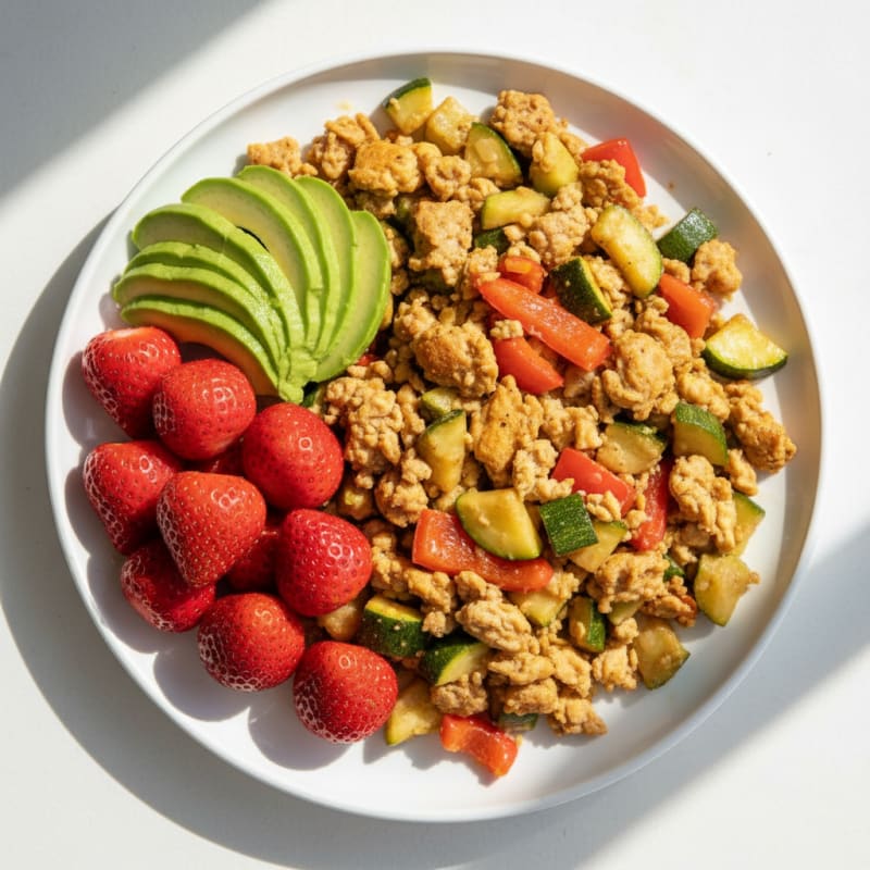 Egg and Turkey Veggie Scramble with Sautéed Bell Peppers and Zucchini
