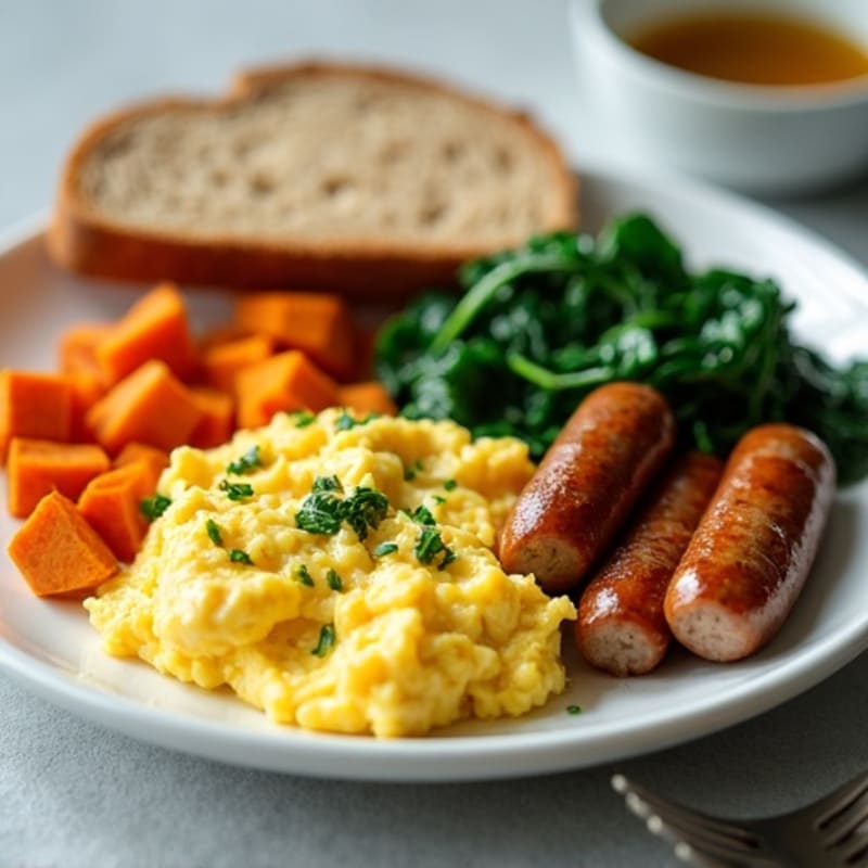 Scrambled Egg Whites with Turkey Sausage and Sautéed Spinach
