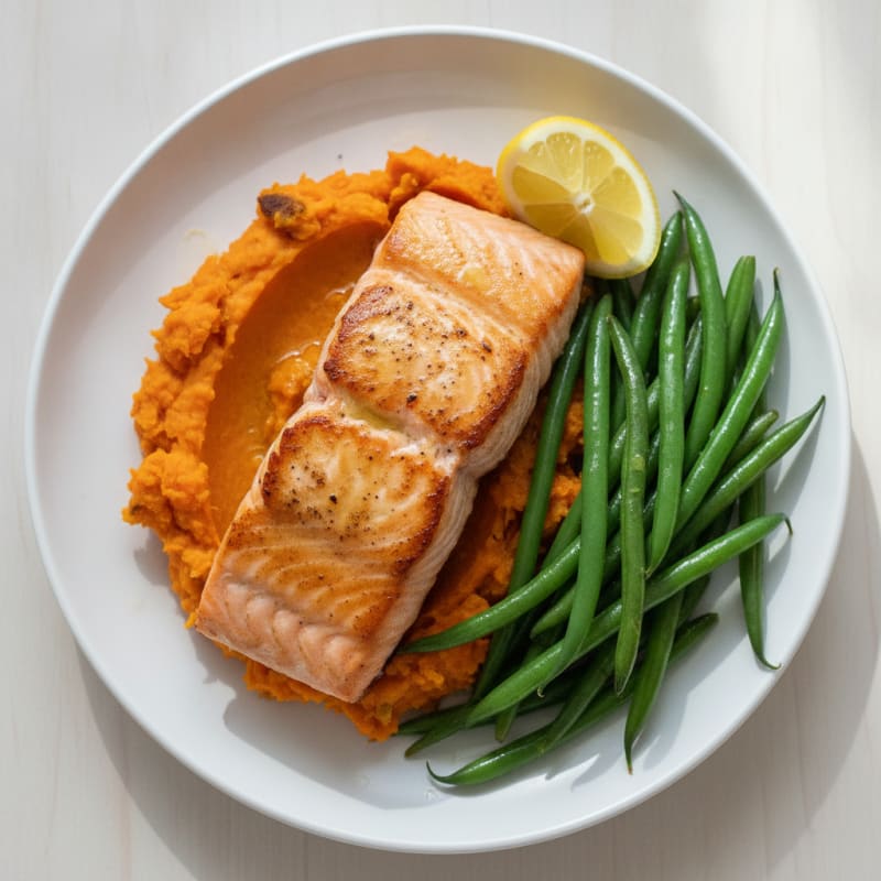Seared Salmon Fillet with Steamed Green Beans and Mashed Sweet Potato