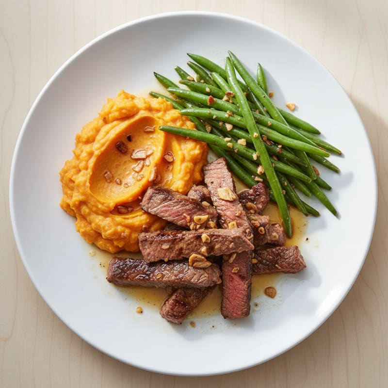 Seared Lean Beef Strips with Garlic Green Beans and Sweet Potato Mash