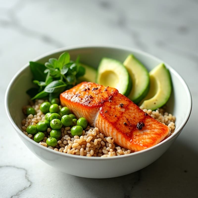 Seared Salmon Rice Bowl with Fresh Vegetables and Creamy Avocado