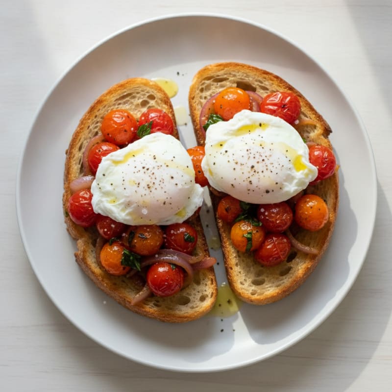 Poached Eggs on Sourdough with Sautéed Tomatoes and Onion