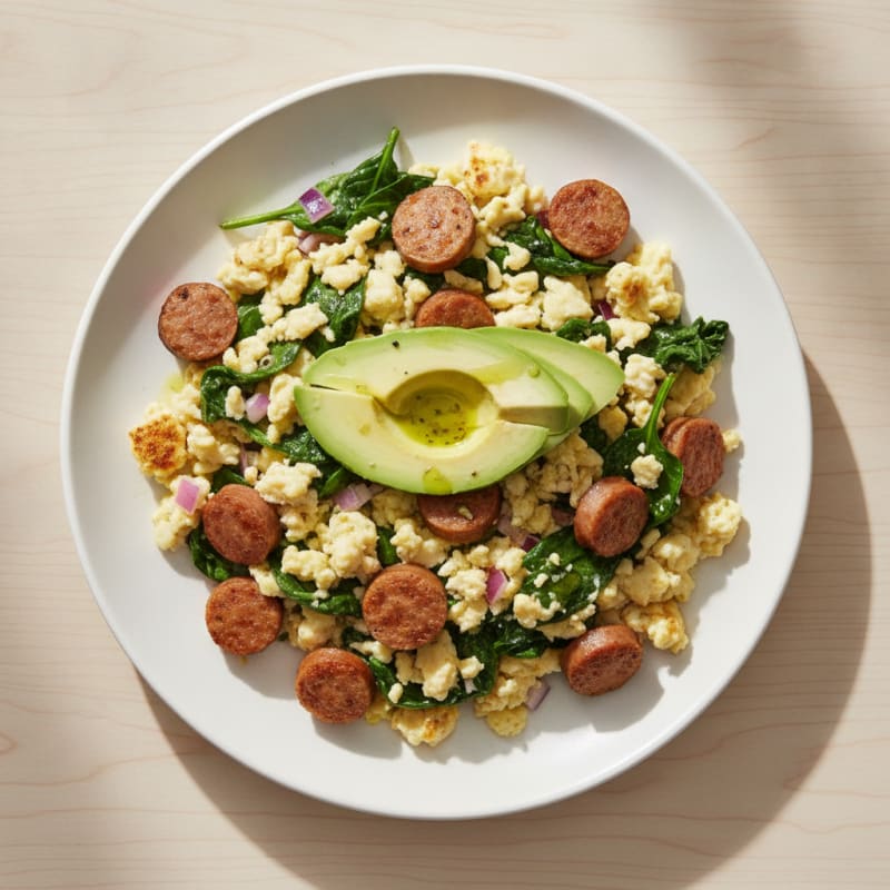 Egg White Scramble with Turkey Sausage and Sautéed Spinach