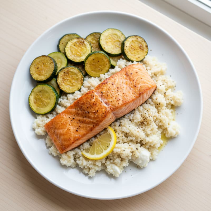 Seared Salmon Fillet with Creamy Quinoa and Roasted Zucchini