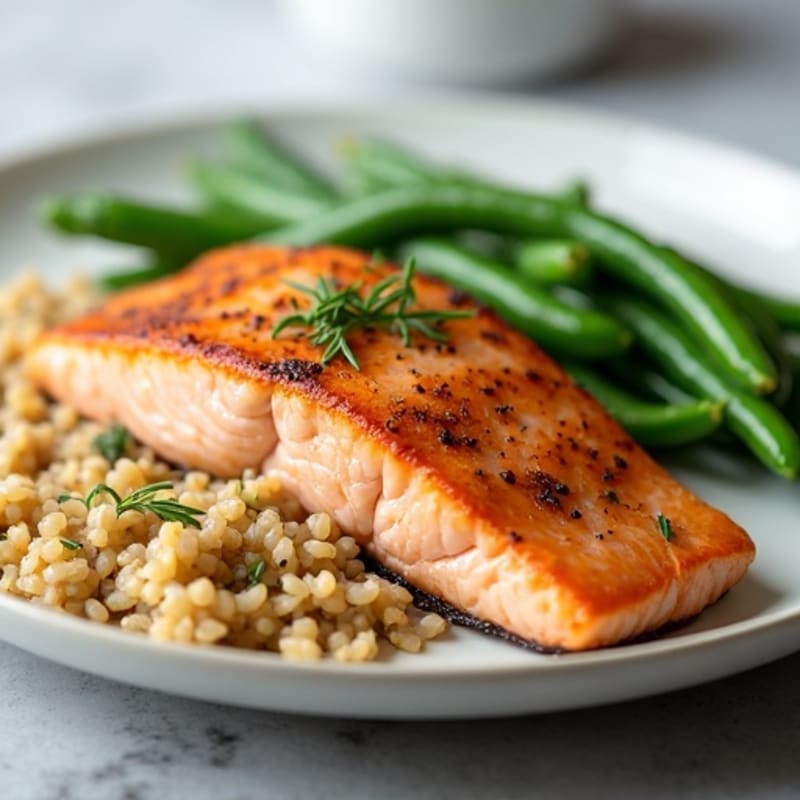 Seared Salmon Fillet with Garlic Green Beans and Brown Rice