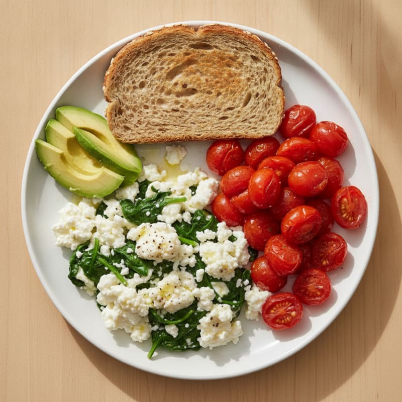 Egg White and Spinach Scramble with Cottage Cheese and Cherry Tomatoes