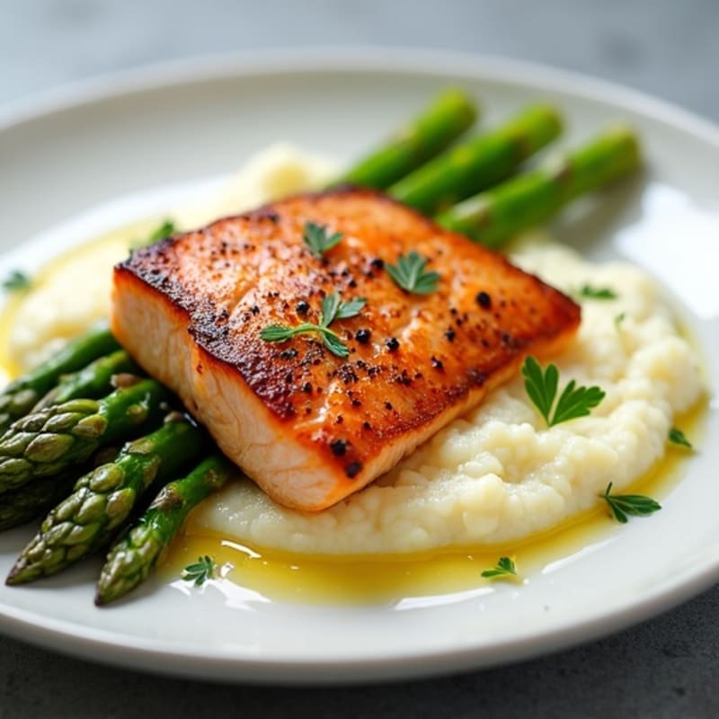 Seared Salmon with Steamed Asparagus and Cauliflower Mash
