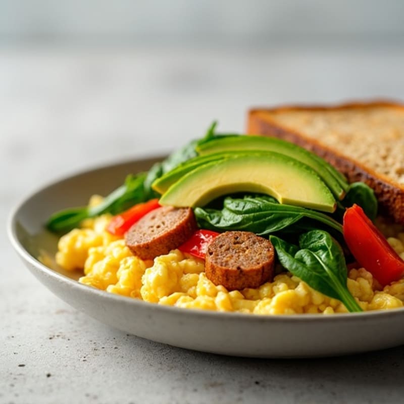 Egg White Scramble with Turkey Sausage, Spinach, Red Bell Pepper, Avocado, and Whole Grain Toast