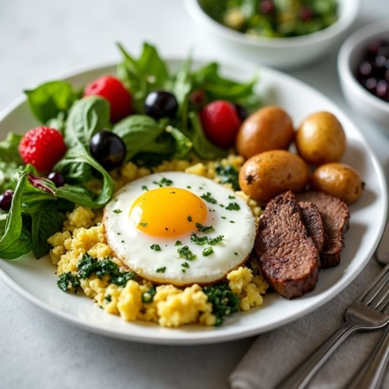 Egg White and Spinach Scramble with Roasted Potatoes, Steak, Salad & Fruit