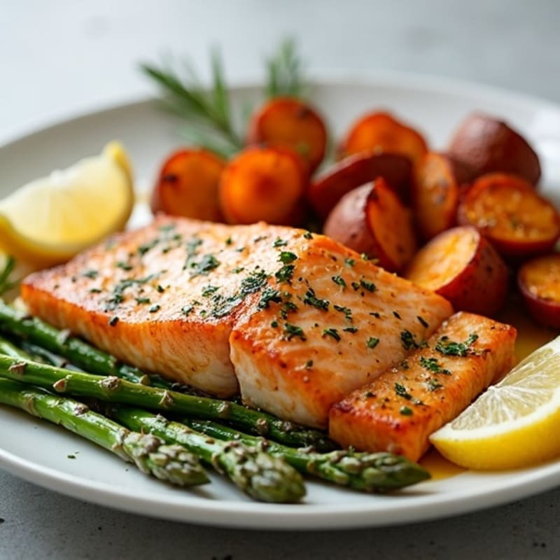 Sheet Pan Lemon Herb Salmon with Crispy Asparagus and Roasted Sweet Potatoes