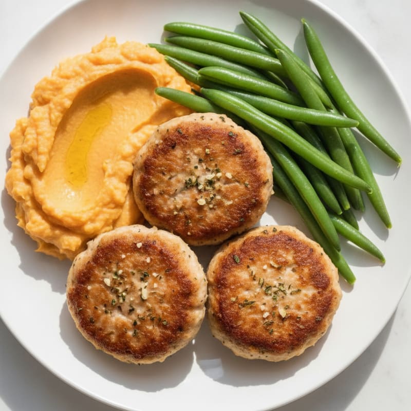 Seared Turkey Patties with Steamed Green Beans and Sweet Potato Mash