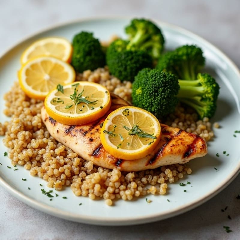 Grilled Lemon-Garlic Chicken Breast with Quinoa and Steamed Broccoli