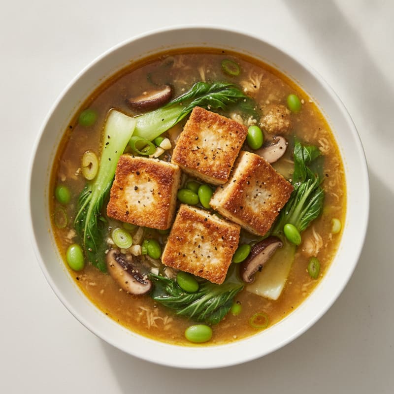Miso-Ginger Bone Broth Soup with Crispy Tofu