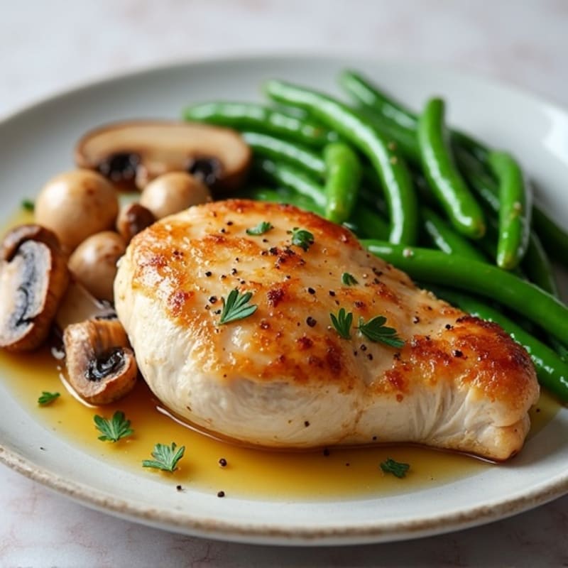 Seared Chicken with Roasted Garlic Butter Mushrooms and Tender Green Beans