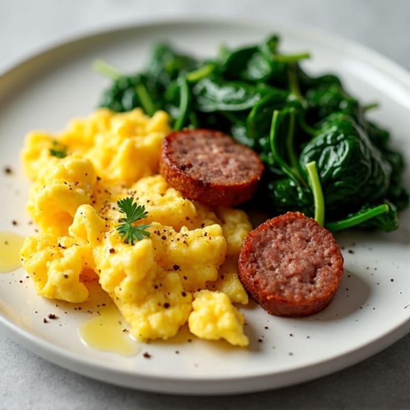 High Protein Scrambled Eggs with Sautéed Spinach and Lean Turkey Sausage