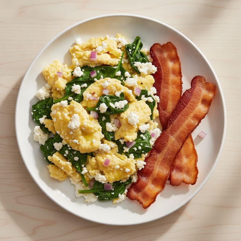 Cottage Cheese Egg Scramble with Spinach and Turkey Bacon