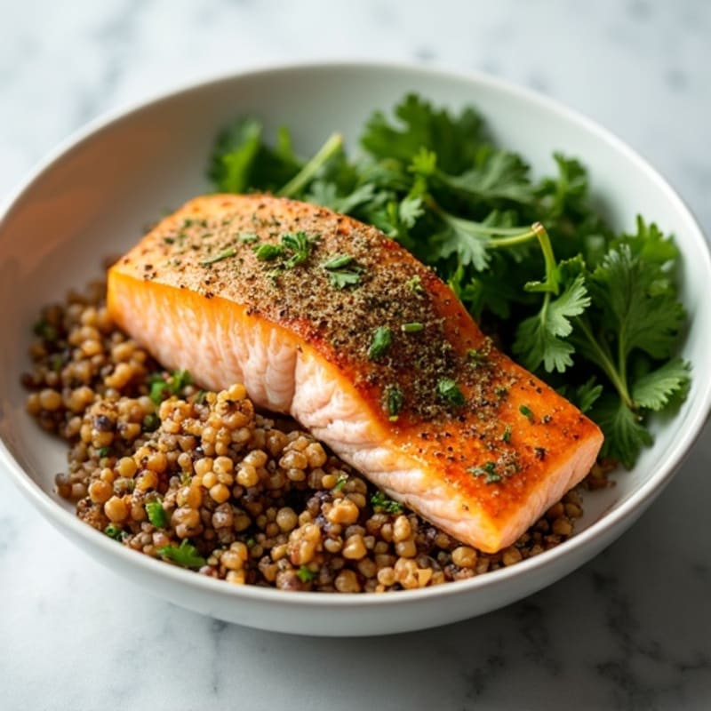 Herb-Crusted Baked Salmon with Lentil Quinoa Bowl