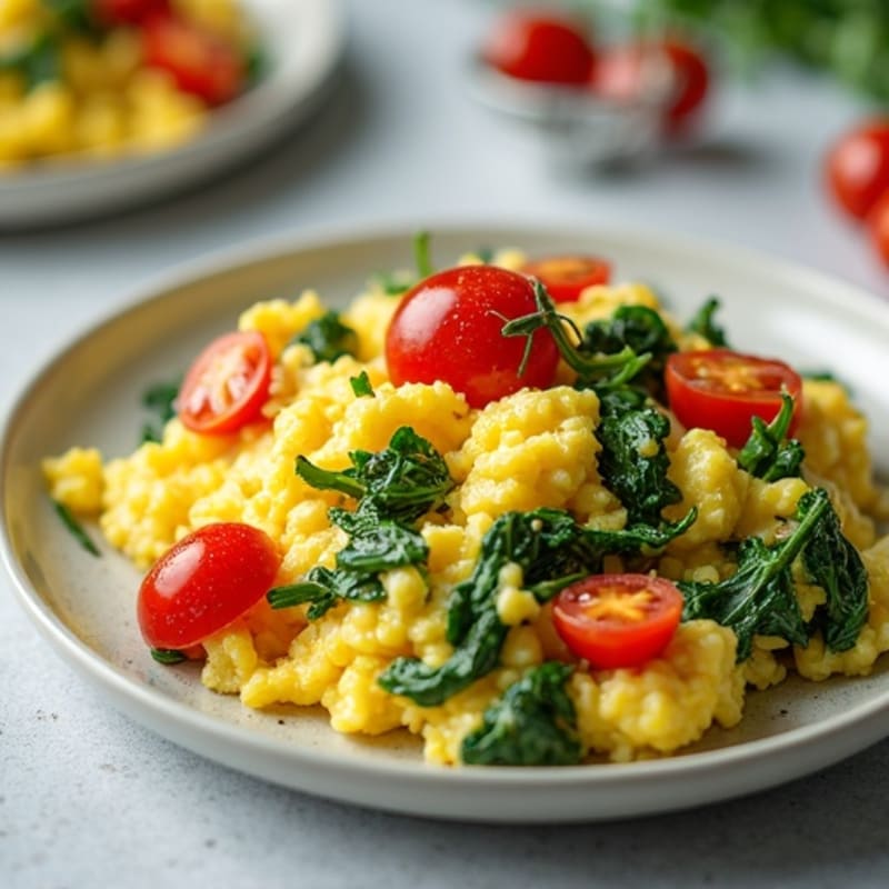 Creamy Scrambled Eggs with Sautéed Spinach and Cherry Tomatoes
